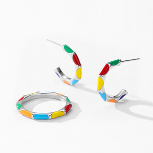 925 Sterling Silver Colorful Vintage Enamel Earrings and <b>Rings</b> for <b>Women</b>, Simple, Elegant, and Versatile for Evening <b>Sets</b> - Product Image 1