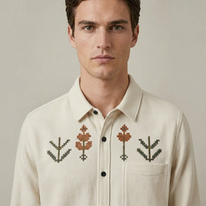 Chemise décontractée pour homme en coton blanc à manches courtes avec broderie florale à la main, col marin, tenue d'été, belle chemise - Product Image 1