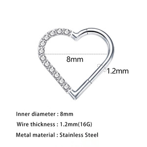 <b>Heart</b>-Shaped <b>Nose</b> <b>Rings</b> Zirconia Inlay Stainless Steel Zinc Alloy Piercing Jewelry Gift - Product Image 3