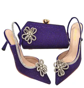 Цвет фиолетовые туфли и сумочка в комплекте; Элегантный комплект из туфель и сумки в комплекте, итальянская обувь и сумочка, обувь с украшениями в виде кристаллов и сумочка в комплекте для девушек