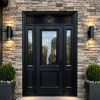 Porte en fer forgé noir classique pour cour extérieure avec panneaux latéraux et transom, portail en verre en fer forgé pour cour arrière
