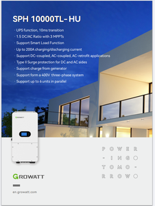 อินเวอร์เตอร์พลังงานแสงอาทิตย์แบบไฮบริด Growatt <span class=keywords><strong>SPH</strong></span>/SPM8000-10000TL-HU จากโรงงานโดยตรง 10kW ประสิทธิภาพ 96.5% รองรับแรงดันไฟฟ้าเข้า 600V 3 MPPT ใช้กับแบตเตอรี่แรงดันต่ำ สำหรับใช้ในบ้าน - Product Image 2