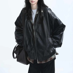 Chaqueta de Cuero PU para Mujer, Primavera y Otoño 2025, Nueva Chaqueta de Motociclista Holgada de Estilo Urbano |   Colores de Patrón Personalizables - Product Image 1