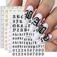 Lot de 4 autocollants pour ongles alphabet gothique, lettres et chiffres vintage en or, argent et noir, pour nail art DIY