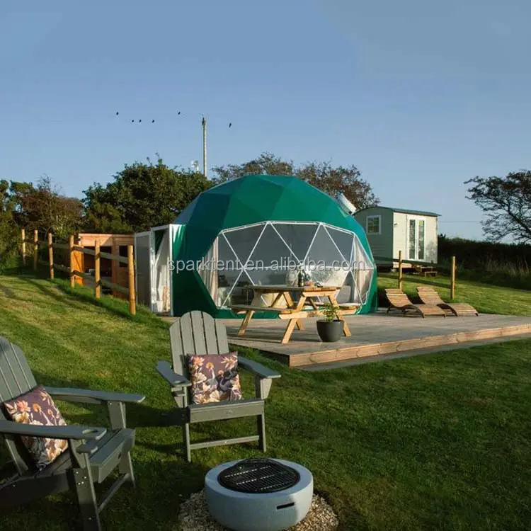 Tenda rumah 6m bintang hijau tua, tenda kubah Geodesic dengan isolasi dan kompor