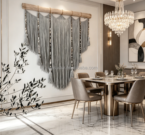 Tapisserie murale en <span class=keywords><strong>macramé</strong></span> Driftwood grise à franges <span class=keywords><strong>avec</strong></span> paillettes argentées et pompons, grande décoration murale bohème pour chambre et cheminée - Product Image 5