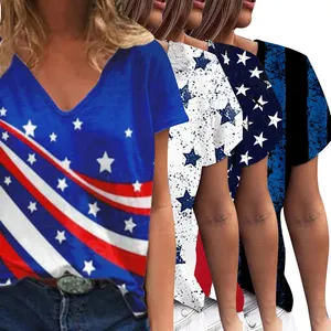 여성용 3D 디지털 프린트 코튼 티셔츠 V 넥 독립 기념일 테마 스타일 여성용 티셔츠
