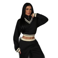 Ensemble de survêtement 2 pièces pour femmes, col en V, haut court à rayures, pantalon à jambes larges, tenue décontractée