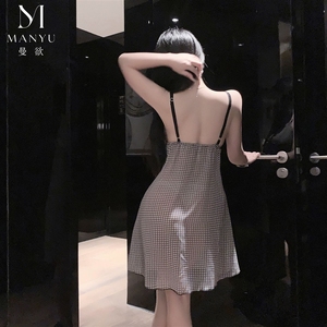 yims Lencería romántica, camisón coreano de encaje a cuadros con cuello halter para niñas, pijama <span class=keywords><strong>sexy</strong></span> con lazo 9561 - Product Image 5