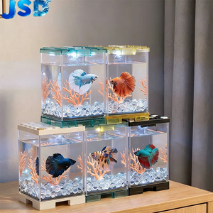 Pecera de escritorio JSD para peces Betta, acuario pequeño apilable de acrílico con luz LED, tapa de mosaico, mini pecera para Guppy y peces pequeños - Product Image 1