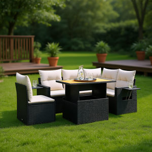 Adjustable Armrest Garden <b>Sofa</b> Set Medium Black PE <b>Rattan</b> Outdoor Furniture 6 Seater Contemporary Design - Product Image 2