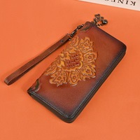 Dompet Wanita Vintage dengan Resleting, Kulit Sapi Asli, Tempat Kartu dan Ponsel, Lapisan Poliester
