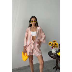 Conjunto de Dos Piezas de Tela de Lana Naranja - Nuevo Estilo Veraniego para Club, Túnica a Rayas y Pantalones Cortos por Encima de la Rodilla - Product Image 4