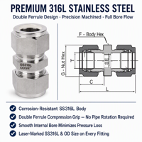 Stainless Steel Pipe Union Compression Double Ferrule 316 Tube Fitting Connector for Pneumatic Instrument High Pressure