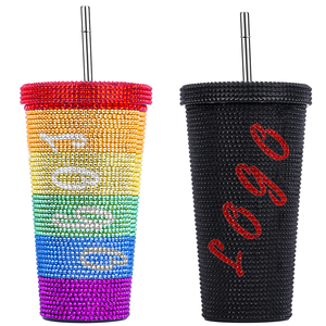 Taza de café de acero inoxidable con diamantes de imitación brillantes, termo portátil térmico con tapa de paja - Product Image 1