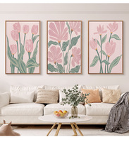 Tableau mural 3 panneaux en toile, motif floral rose bohème, tulipes encadrées, peinture murale moderne, décorations murales pour la maison