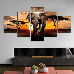5 parça afrika otlak peyzaj boyama yürüyüş fil günbatımı saat İlham posteri duvar tuvali boyama sanat seti