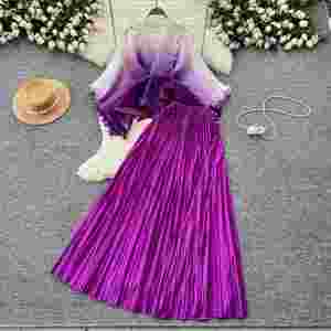 Señoras barato 2 piezas conjunto LW1398 mujer Tie-Dye gradiente cinturón arrugado Blusa plisada Midi falda conjunto de dos piezas - Product Image 1