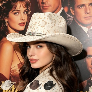 <span class=keywords><strong>Sombrero</strong></span> Vaquero de Ala Ancha con Estampado de Leopardo y Cinturón de Plumas para Fiesta y Festival de Música, Novedad 2026 - Product Image 4