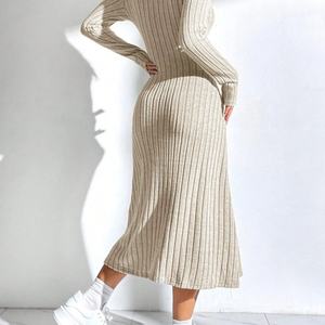 Vestidos Midi de Punto con Cuello Cuadrado y Rayas, Color Sólido, Manga Larga, para Mujer, Otoño 2024, Venta al Por Mayor, Personalizados - Product Image 2