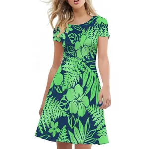 2022 new polynesian tribal design hibiscus flowers crewneck short sleeve dress elegant fitted and pleated skirt hawaii dresses