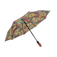 Parapluie de voyage compact personnalisé haut de gamme, entièrement automatique, à impression numérique, motif vintage, imperméable, avec poignée en bois en forme de J, pliable en 3 sections