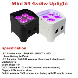 Muxxdj Up Lighting 4x18w RGBWA UV Mini S4 Battery Uplights Wireless DMX LED Party Disco Lights Wedding DJ Club Light