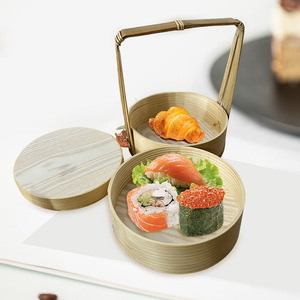 Japanese Style Double Layer Wooden <b>Lunch</b> <b>Box</b> Cylinder Stackable Portable Food Grade Material Natural Lacquer Color - Product Image 4