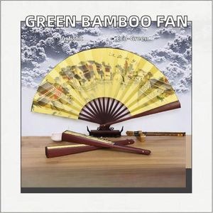 Éventail artisanal en bambou vert pour homme, 10 pouces, en tissu de soie acajou, peint à la main, thème floral, écologique, pour le Nouvel An chinois - Product Image 2
