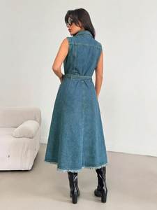 Robe Longue d'Été Décontractée Euro-Américaine <span class=keywords><strong>en</strong></span> <span class=keywords><strong>Jean</strong></span> Droit <span class=keywords><strong>Taille</strong></span> <span class=keywords><strong>Haute</strong></span> Sans Manches Tendance à Bord Brut Irrégulier Couleur Unie - Product Image 2
