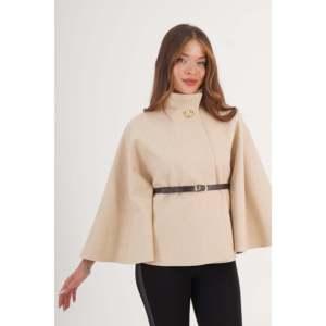 Wholesale <b>for</b> Cream <b>Poncho</b> <b>for</b> <b>Women</b> Belt Detail Single Button Coat - Product Image 6