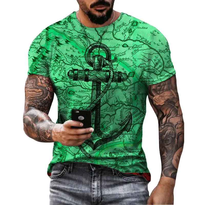 Erkekler moda moda erkek tişört klasik Retro tekne çapa baskı rahat kısa kollu gevşek T-shirt Hip Hop sokak T Shirt