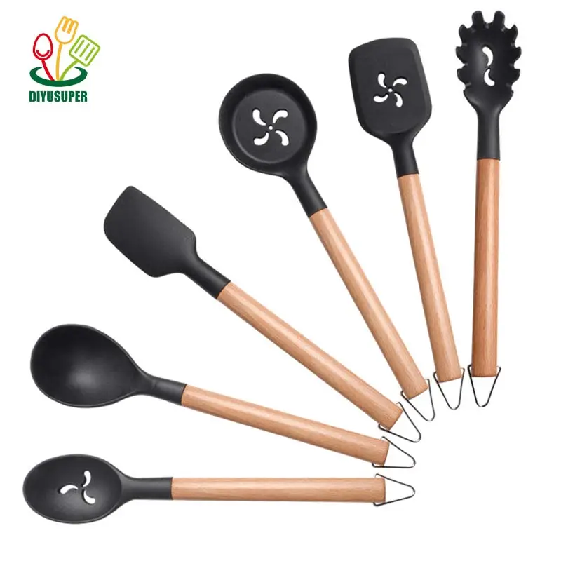 New Home Kitchen Accessories 6pcs heat resistant Silicone Cooking Utensil Set with wooden handle