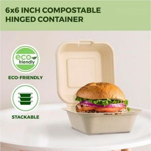 Sinh thái thân thiện phân hủy sinh học bã mía Nâu 6x6 100% dùng một lần Bento hộp compostable Khay vỏ sò đưa ra thực phẩm <span class=keywords><strong>container</strong></span> - Product Image 3