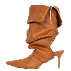 Women Pointed Toe Pleated Mid Calf Booties Back Cut Half Knee High Boots Wide Fit Top Turn Over Big Size 46 High Heels <b>Shoes</b> - Product Image 2