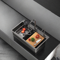 Évier de cuisine rectangulaire noir en acier inoxydable 304 nano, fait main, à cuve unique, avec robinet doré, évier intelligent