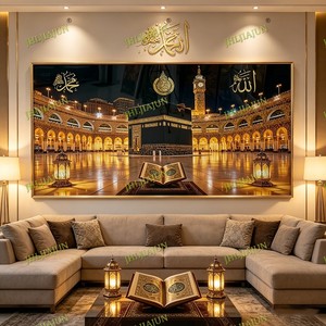 Decoración Moderna para el Hogar, Arte de Pared LED Islámico con Marco Dorado, Decoración Religiosa para el Hogar, Pintura de Porcelana de Cristal con Diseño de Mezquita - Product Image 2