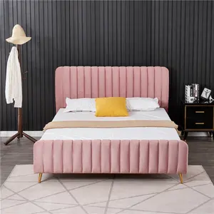 Double Queen King Light pink or gray velvet fabric channel tufted headboard and foot board flat packed bed Frame