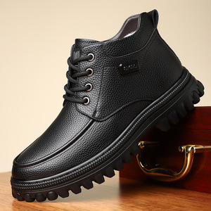 Botas de nieve de invierno para hombre, zapatos informales con cordones de cuero negro, suela gruesa, impermeables, cálidos, con forro de algodón, para personas de mediana edad y mayores - Product Image 1
