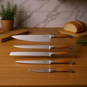 Juego de cuchillos Laguiole de 7 piezas, cuchillo de chef, cuchillo para cortar carne y pescado, cuchillo para pelar pan, cuchillo para deshuesar, mango de madera, acero inoxidable - Product Image 3