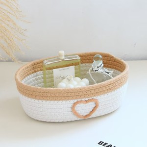 Cotton <b>Rope</b> Woven <b>Storage</b> <b>Basket</b> Round Pink And Off White Heart Shape Desktop Cosmetic Snack Organizer No Lid - Product Image 2