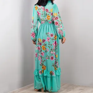 Vestido modesto africano de chiffon com babado Abaya elegante estampado floral Dubai Mulheres muçulmanas