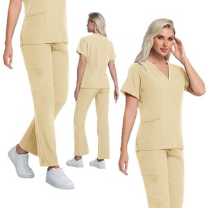 Unisex <b>Scrub</b> Set Short Sleeve Solid Color Work Uniform For Hospital Nurses Beige Green Rose Red Navy <b>Blue</b> <b>Blue</b> Size S XXL - Product Image 3
