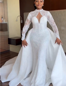 <span class=keywords><strong>Robe</strong></span> de mariée sirène personnalisée en dentelle perlée brillante Aso Ebi avec traîne détachable et manches longues - Product Image 3