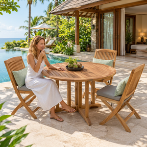 Ensemble de table et chaises pliantes rondes minimalistes en teck avec 4 chaises, ensemble de table et chaises de jardin durables pour l'extérieur - Product Image 3
