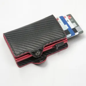 Leather Pop Up Card Holder Wallet Dark Carbon Fiber Leather Wallet With Flap Lock