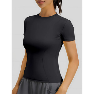 Camiseta de Yoga de Corte Regular para Mujer, Manga Corta, Negra, Ropa Deportiva de Alto Rendimiento, Spandex/Poliéster, Sin Costuras, Transpirable, de Secado Rápido - Product Image 1