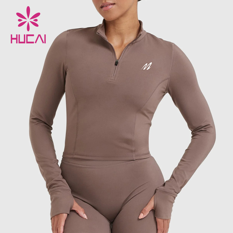HUCAI OEM Polyester Custom logo Printed Slim Fit Quarter Half Zip Fitness Long Sleeve Yoga Gym Top Shirt for Women
