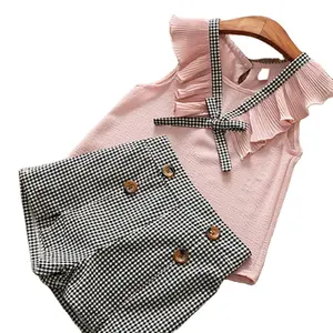 WEN Summer children's clothing Korean girls chiffon vest + lattice hot pants two-piece suit