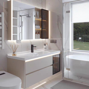 Mueble de <span class=keywords><strong>Baño</strong></span> Moderno de Cerámica de una Pieza de 75/85/95/105/115 cm con Espejo LED, Diseño de Madera Impermeable, Combinación de Lavabo - Product Image 4